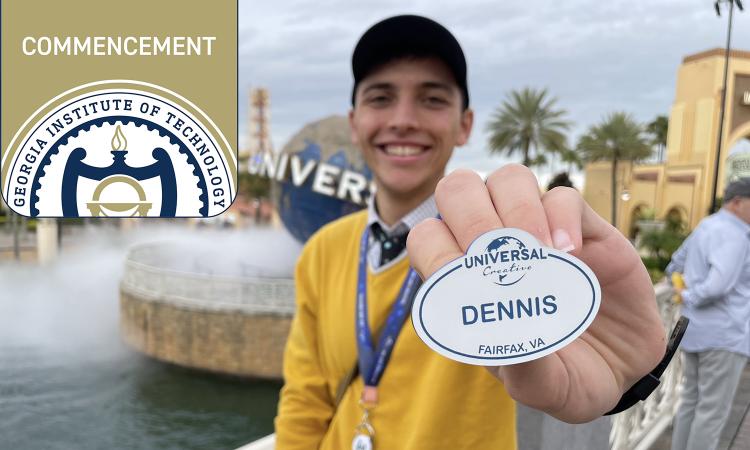 Graduating senior Dennis Velez holds his Universal Creative nametag outside of Universal Studios Orlando, where he worked as an intern.