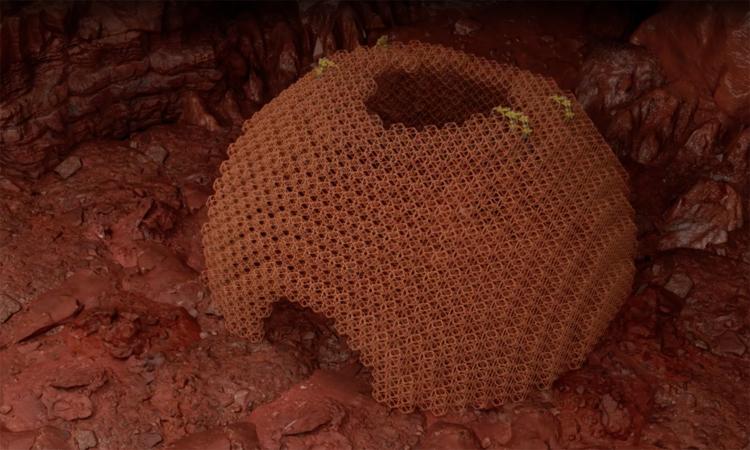 A dome shaped structure made of eco-voxel building blocks on a rocky red-colored surface.