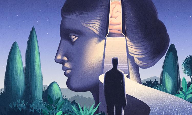 Illustration of a figure standing on a path leading to a door on the side of a large human head. The door is partly open showing an brain and illumination from inside. Artist Myriam Wares created the image to illustrate how interneurons act as gatekeepers that open specifically on paths to important locations and enable learning for those places.